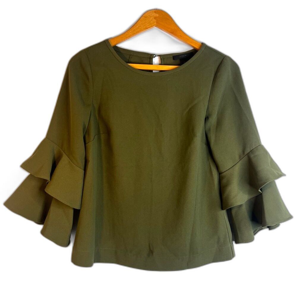 J Crew Statement Sleeve‎ Blouse Green Boho Dressy Office Work Size 0P